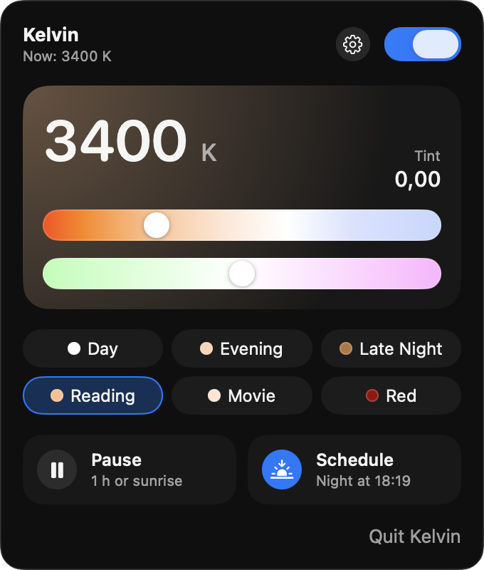 Kelvin menu with exact temperature and tint sliders, six presets, pause, and schedule controls